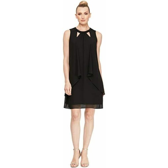 S.L. Fashions Womens Black 10P Sleeveless Cutout Pearl Neck Chiffon Shift Dress - Picture 1 of 1